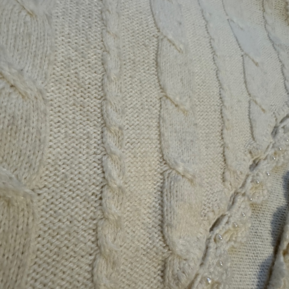 Coldwater Creek Beaded Crochet Trim Cardigan Pearl Button Cable Knit Ivory L - Picture 8 of 12